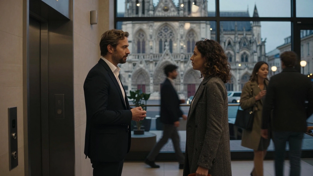 A discreet encounter in a Bordeaux hotel lobby at twilight, with no physical contact, only mutual respect.