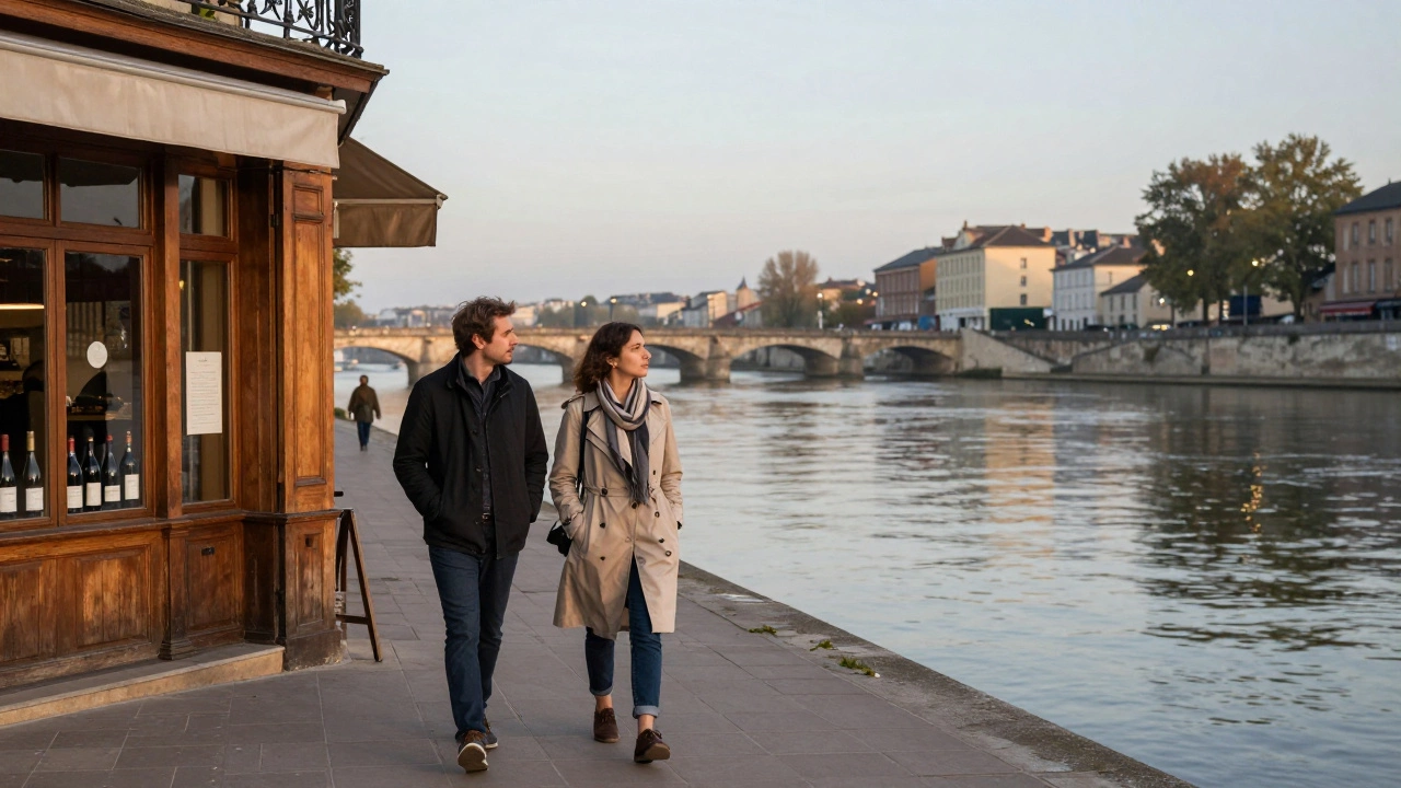 A woman and man walk peacefully along the Garonne River in Bordeaux, surrounded by historic buildings and soft morning light.